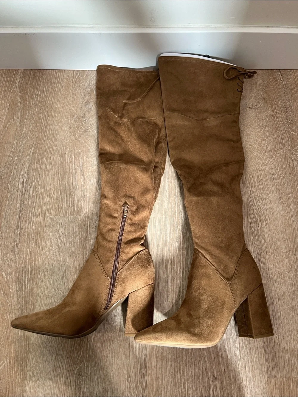 Nine West Ceeya Dark Natural Tan Suede Over-the-Knee Heel Boots NIB Size 8.5